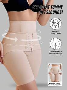 SHEIN Fondo moldeador sin costuras de unicolor con botón frontal de cintura alta - Beis - Ver 4