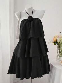 Sweetra CURVE Plus Size Women Multi-Layer Solid Color Halter Neck Dress - Black - View 1