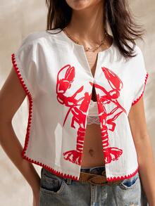 Easelle Women's Lobster Print Ruffled Shirt,White And Red Lobster Pattern Summer Traditional Vacation Holiday Island Outdoor Beach 2026 Top Blouses Casual - White - View 1