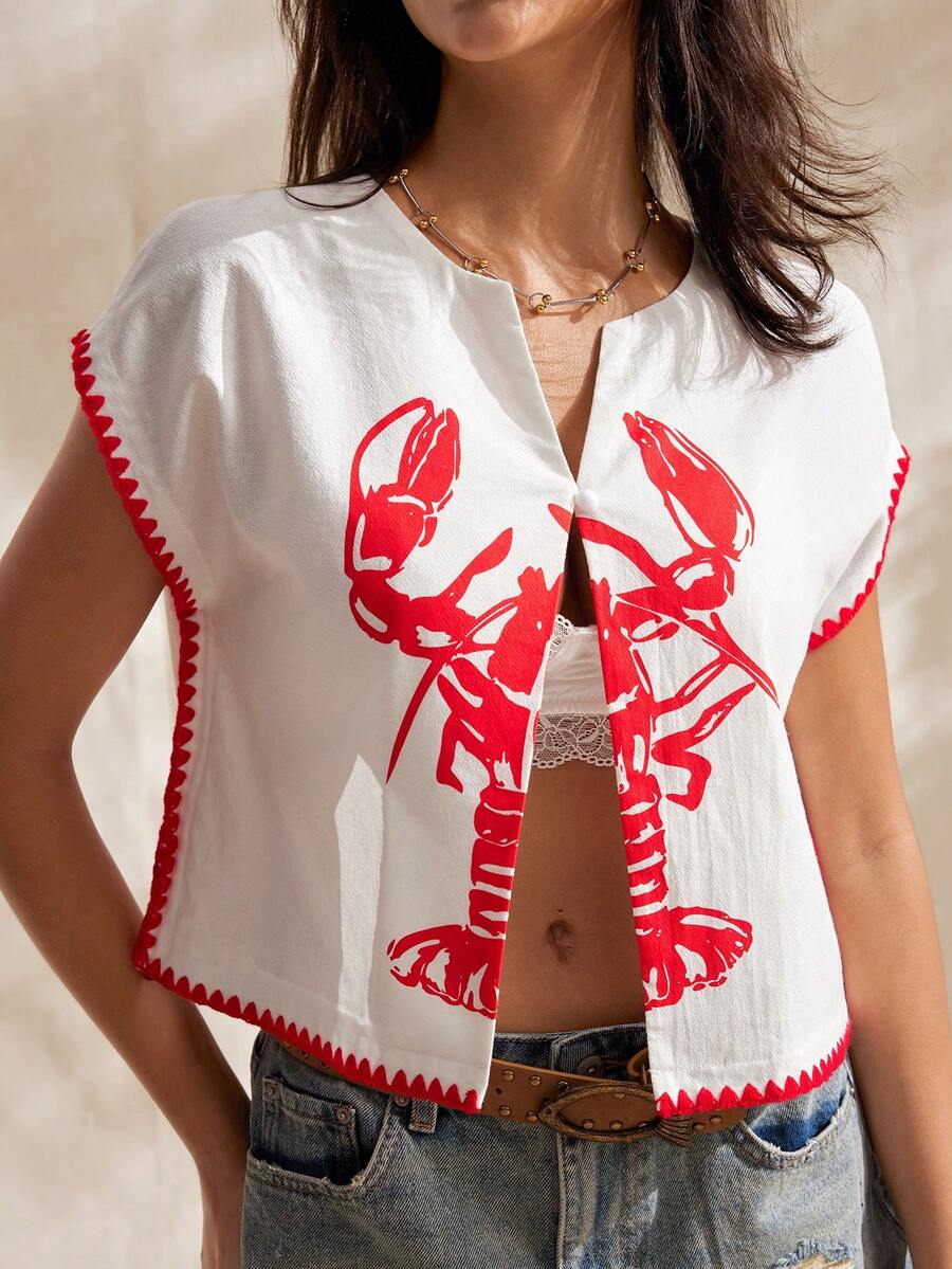 Easelle Women's Lobster Print Ruffled Shirt,White And Red Lobster Pattern Summer Traditional Vacation Holiday Island Outdoor Beach 2026 Top Blouses Casual - White - View 1