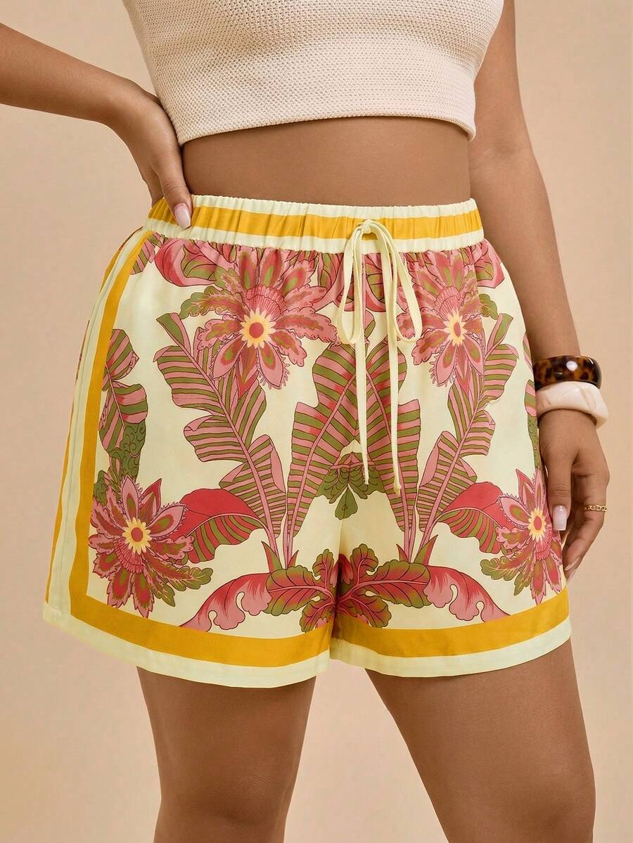 Travachic Plus Size Loose High Waist Chiffon Shorts For Women, Summer - Mustard Yellow - View 1