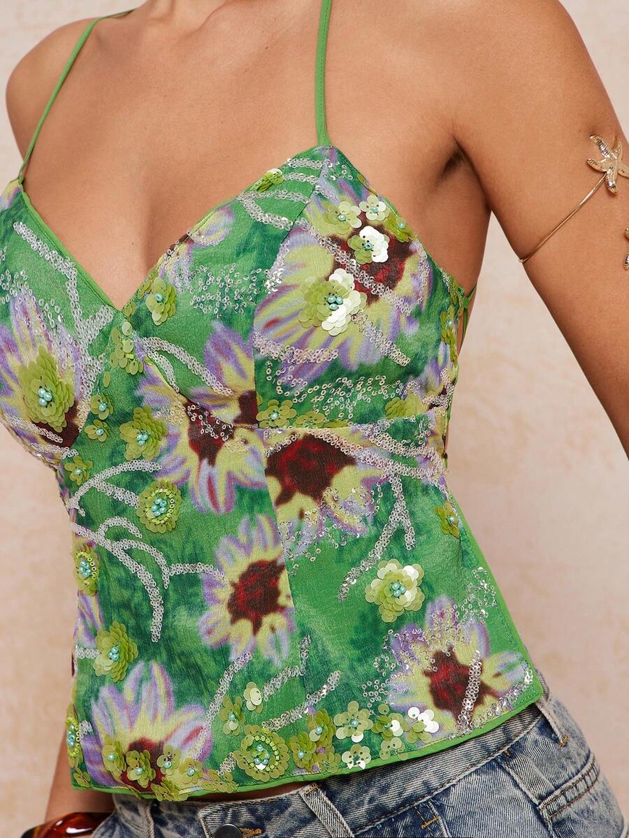 Lumalex 春夏纯色粉色花卉装饰串珠吊带露背亮片吊带上衣，沙滩度假上衣，夏季上衣，可爱串珠上衣 - 彩色 - 查看 1