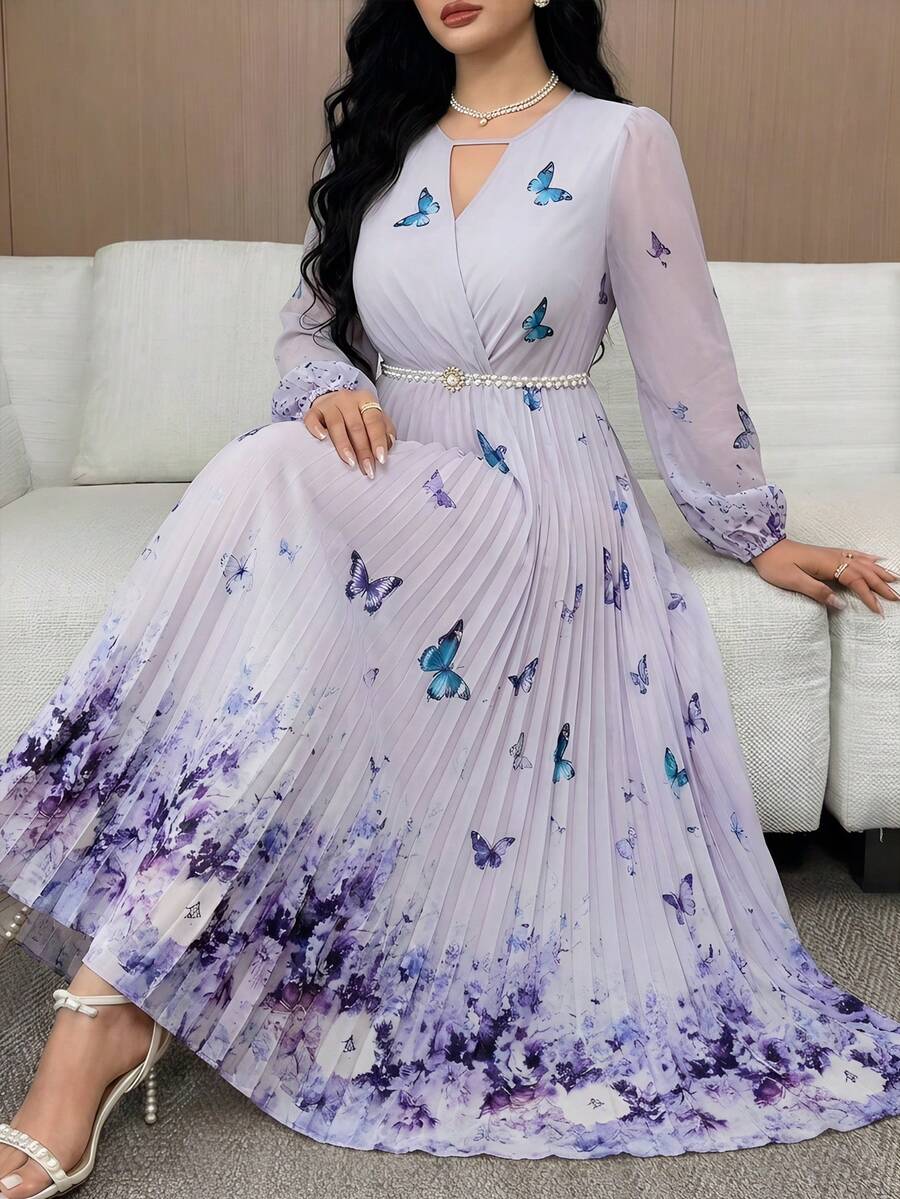 Modelyn Plus Size Elegant Party Floral & Butterfly Print Pleated Dress - Multicolor - View 1