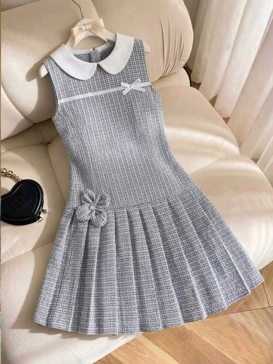 SHEIN Elladie kids 少女编织彼得潘领3D立体花朵收腰连衣裙，优雅百搭，舒适适合外出、度假、家庭聚会和生日等场合。 - 灰色 - 查看 1