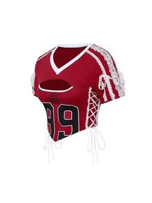 ROMWE Avant Áo thun bó sát thêu họa tiết số phong cách retro thể thao múa ba lê gợi cảm cho nữ - Màu Đỏ Sâu - Xem 1