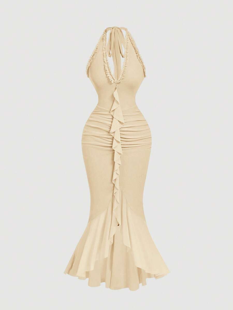 SHEIN MOD 荷叶边收腰蝴蝶结网纱鱼尾露背吊带连衣裙 - 杏色 - 查看 1