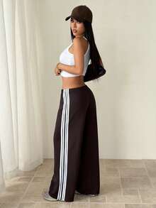 SHEIN PETITE Women's Knit Casual Sweatpants With Side Stripe, Deep Brown - Chocolate Brown - View 6