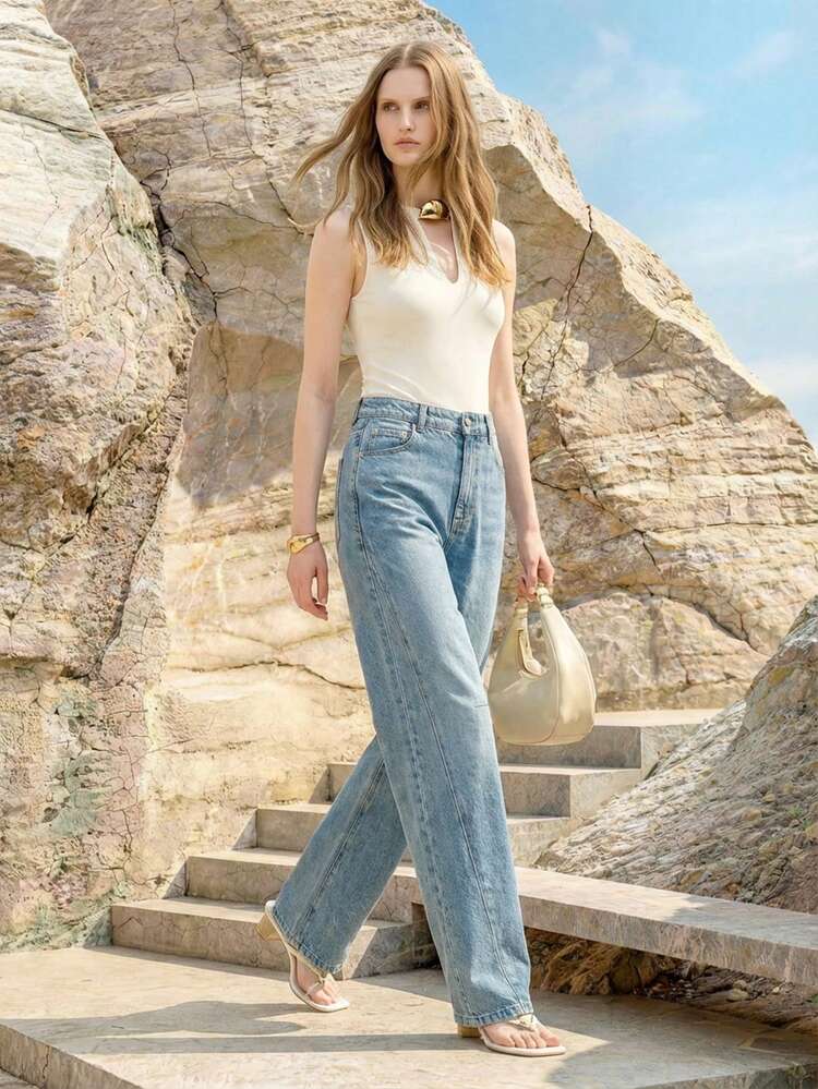 WOMEN'S CASUAL DISTRESSED STRAIGHT LEG JEANS WITH SLANT POCKETS