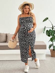 Plussiva Plus Size Maternity Floral Print High Slit Sleeveless Dress - Black - View 5