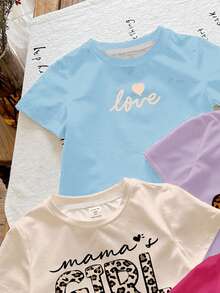 4pcs/Set Baby Girl Casual Summer School T-Shirt,Brown And White Polka Dot Mama's Girl Leopard Print Heart & Letter Round Neck Short Sleeve Tee Tops - Multicolor - View 6