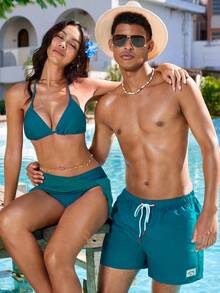 Manfinity VDAYZ Men's Summer Holiday Letter Patch Drawstring Waist Beach Shorts - Dusty Blue - View 7