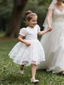 SHEIN Glamorique Kids 小女孩公主裙，白色刺绣薄纱连衣裙，后背饰有超大蝴蝶结，泡泡袖，适合生日派对、婚礼、节日、花童等场合，欧美风格 - 白色 - 查看 4