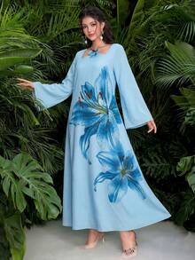 Al Najma Đầm maxi Thổ Nhĩ Kỳ dài tay cổ yếm màu vàng in họa tiết hoa 3D thanh lịch lãng mạn dành cho nữ mùa xuân/hè và áo abaya truyền thống Ả Rập. - Màu xanh lam - Xem 3