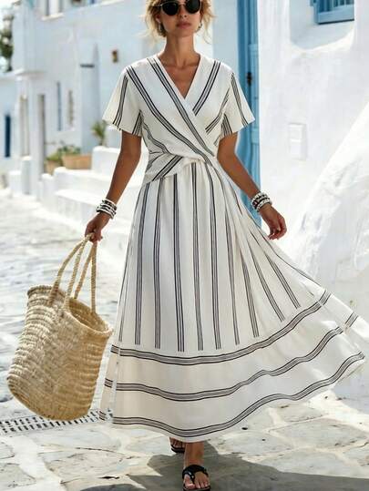 Linhara CURVE Plus Size European And American New Striped V-Neck Ruched Flared Dress, Summer Vacation Casual Dress