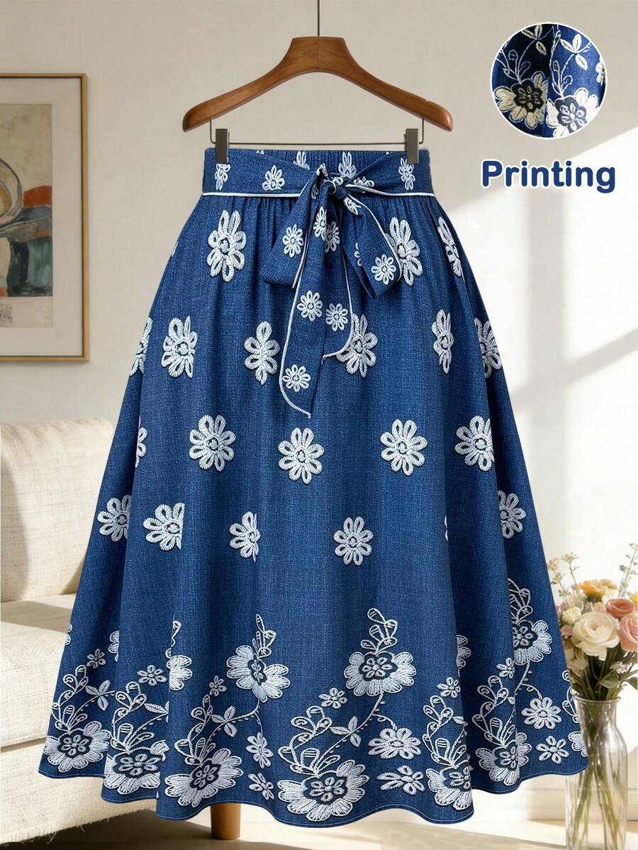 Franclia 夏季女士休闲度假时尚简约百搭宽松腰部系带蝴蝶结半身裙 - 藍色 - 查看 1