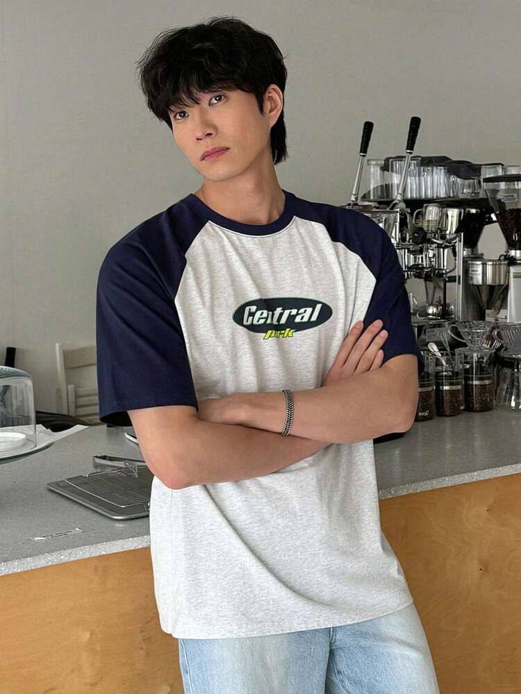 Men's Back To School Color Contrast Letter Print Summer Baseball T-Shirt,Graphic Tees