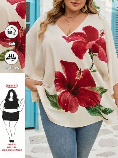 SHEIN CURVE+ Blusa holgada con estampado floral para mujer de talla grande