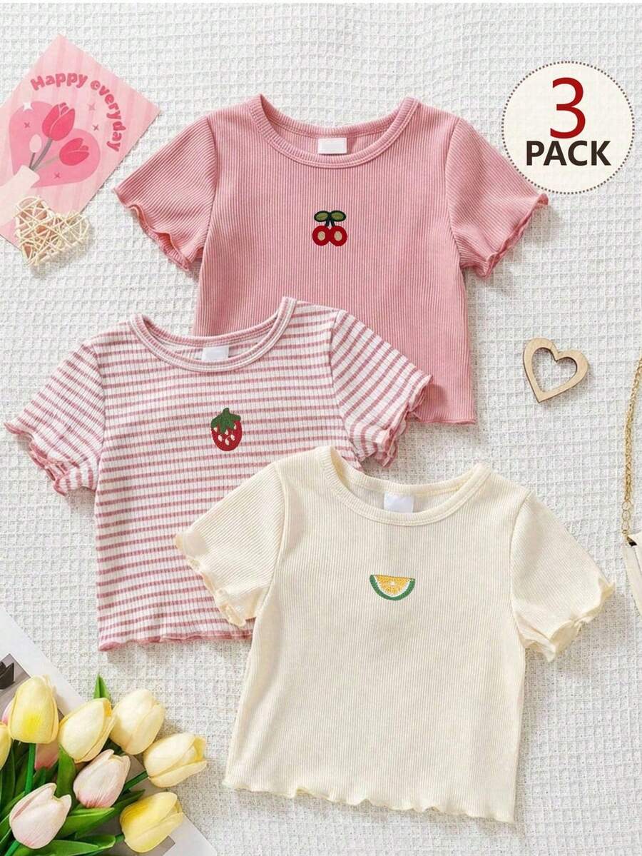 Cute 3-Piece Fruit Pattern Casual, Soft, Stretchy Outfit Set For , Baby Girl, Unisex Baby Girl 0-3 Years Old, Suitable For Daily Wear, Vacation - Multicolor - View 1