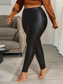 Hourglow 女士秋季服装，冬季加大码女士高腰纯色PU皮紧身裤/秋季/冬季 - 黑色 - 查看 5