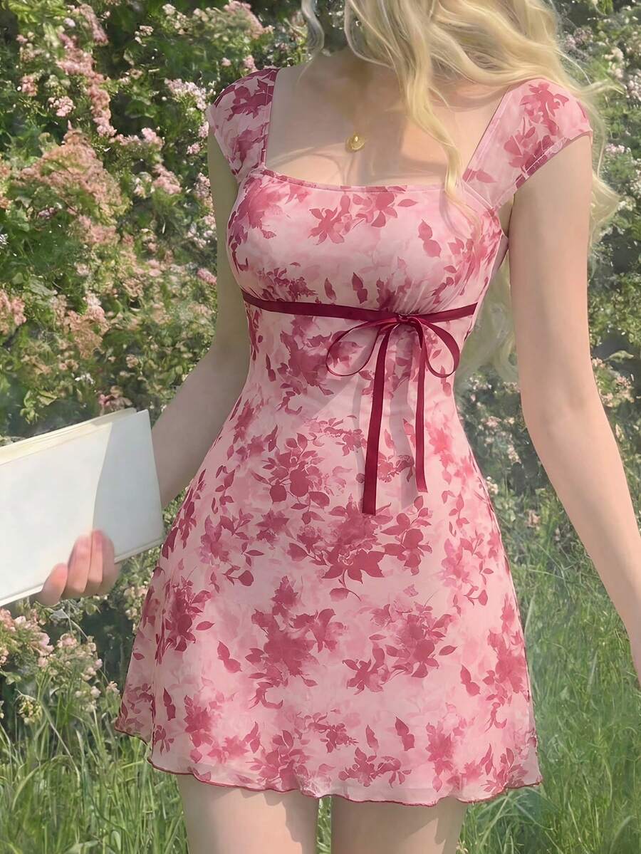 SHEIN MOD 女士碎花系带休闲迷你连衣裙 - 粉色 - 查看 1