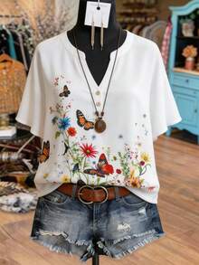 Linhara Blusa Casual Romântica Estampada para Mulheres Plus Size, Adequada para Encontros, Férias e Uso Diário - Multicolorido - Visão 3