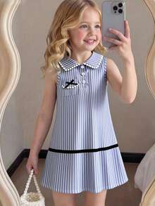 Genkimix Kids Young Girls Sleeveless Blue Striped Collar Dress With Pockets And Bow Design, Casual A-Line Dress - Blue - View 1