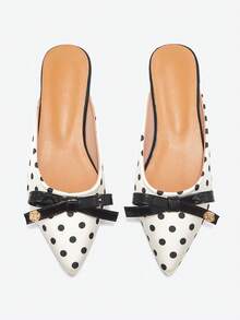 秋冬尖头女士小巧精致蝴蝶结平底凉鞋，2025新款春夏时尚平底鞋，舒适休闲百搭，穆勒鞋 - 黑與白 - 查看 6