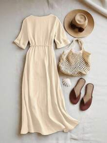 Louniche 2026 Spring And Summer New Arrival - Apricot Cotton Standard-Size Maxi Dress, Ideal For Casual Wear, Outings, Beach Vacations, And Daily Use, Versatile For All Occasions - Khaki - View 2