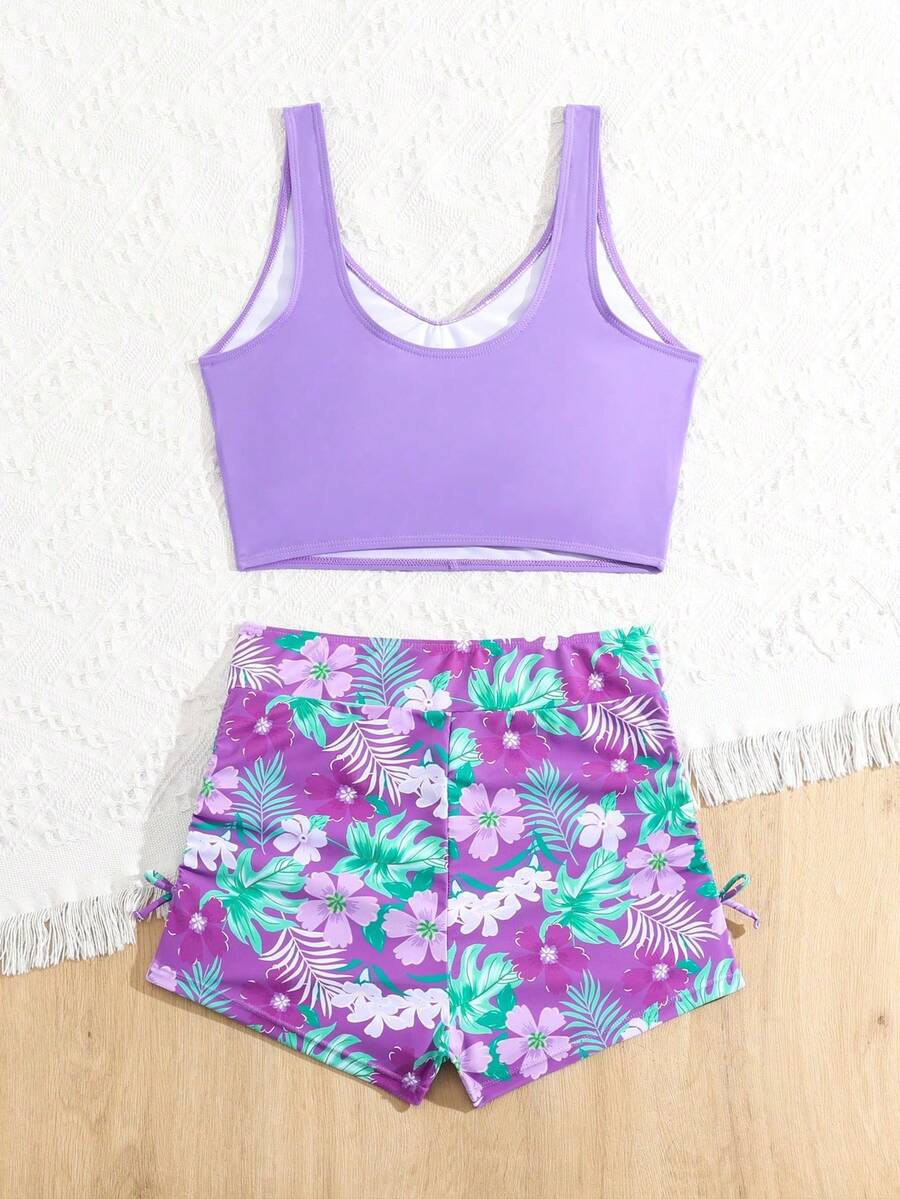 Sparklyn Bộ đồ bơi áo thun trơn in hình ngày lễ cho bé gái tuổi teen và quần short in họa tiết nhiệt đới - Màu tím - Xem 1