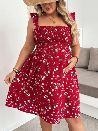 SHEIN Đầm rộng rãi họa tiết hoa nhí dành cho bà bầu cỡ lớn, thích hợp cho kỳ nghỉ hè.