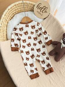 Newborn Baby Bear Print Zipper Front Long Sleeve Romper - Khaki - View 3