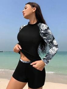 Swim SPRTY Bộ quần short tay dài chống nắng in họa tiết nhiệt đới dành cho nữ, thích hợp đi biển, đi nghỉ, lướt sóng - Đen và trắng - Xem 5