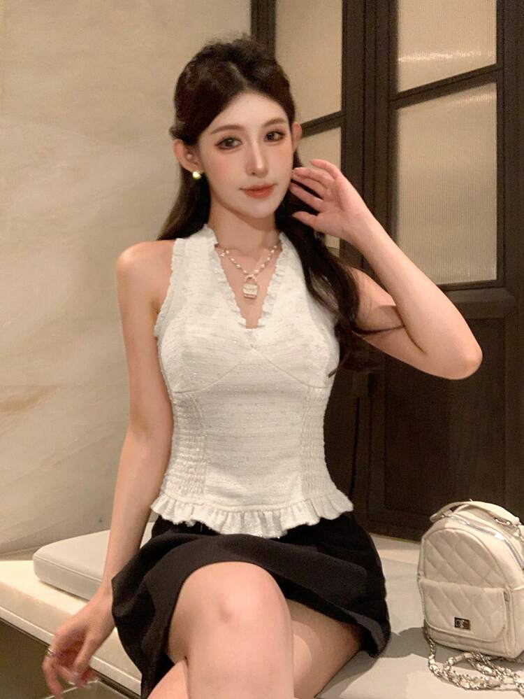 Women's Solid Color Fitted Waist Halter Backless Ruffle Hem Elegant Summer Vest Top