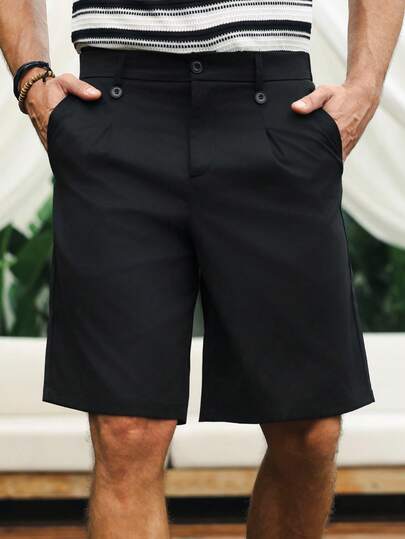 Manfinity CasualCool Men's NewBermuda Shorts, Black, Summer, Gift, INS Matching, Wedding Season, Y2K, Casual,Men Old Money,Daily Leisure, Weekend Trips, Outdoor Activities, Travel Expeditions, Relaxed Work Environments Or Semi-Formal Occasions, Boyfriend/Husband Gift, Anniversary /Birthday Gift Party Summer Vacation Holiday,Wedding,Spring To Summer,Easter,Y2k,Vintage,Mens Black Solid Pleated Casual Shorts With Button Detail Comfortable Fit,Men's Casual Shorts,Men's Casual Shorts