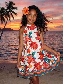 SHEIN Vestido informal hasta la rodilla de línea A, de tejido, sin mangas, con cuello de pie, hombros abiertos, estampado floral tropical colorido, para niña preadolescente, conjunto familiar a juego - Multicolor - Ver 2
