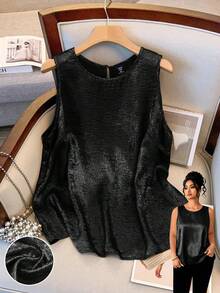 GlowEve CURVE Women's Plus Size Loose Fit Round Neck Luxurious Metallic Casual Tank Top, Suitable For Daily Summer And Holiday Party Wear - Black - View 1