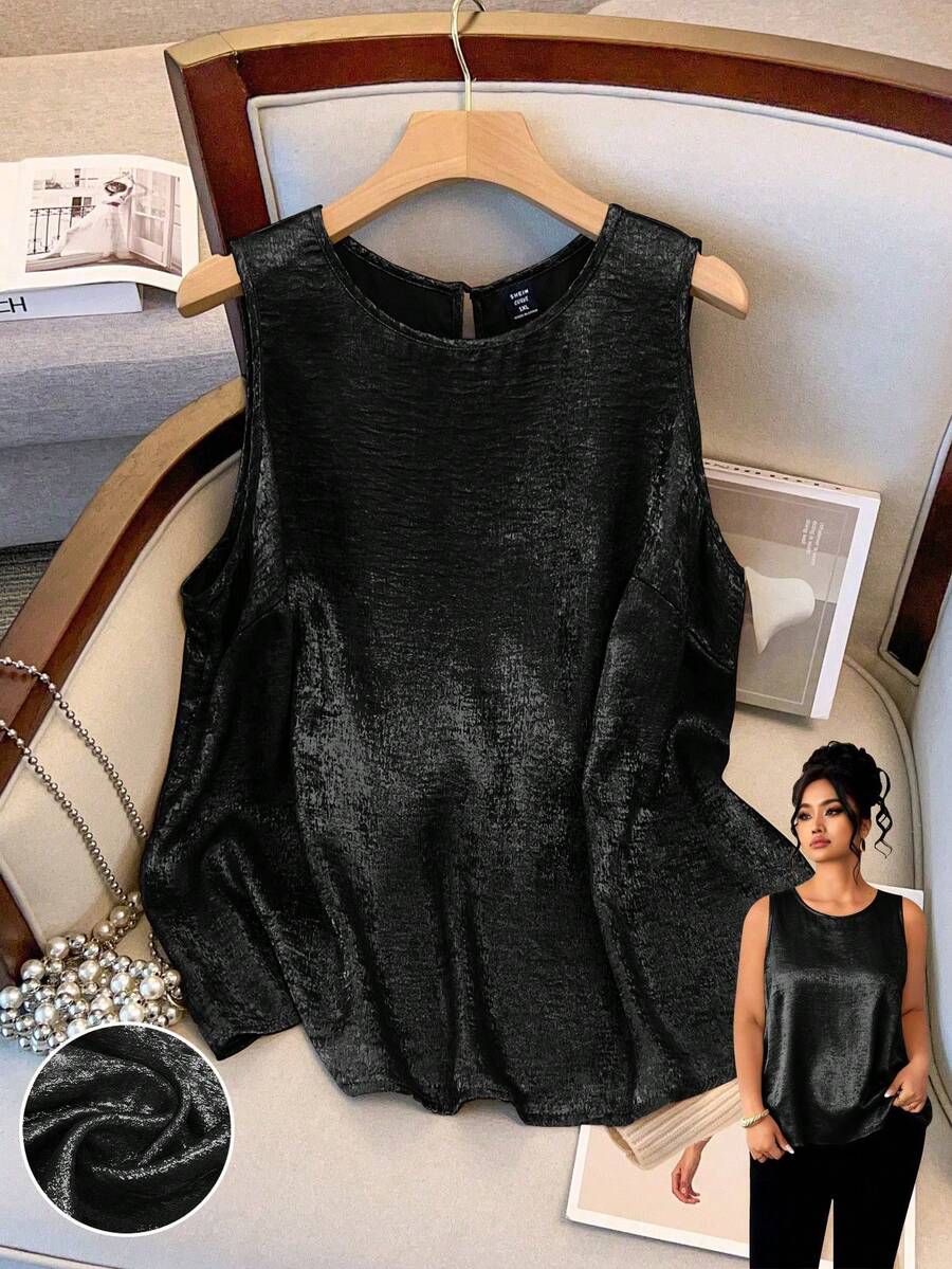 GlowEve CURVE Women's Plus Size Loose Fit Round Neck Luxurious Metallic Casual Tank Top, Suitable For Daily Summer And Holiday Party Wear - Black - View 1