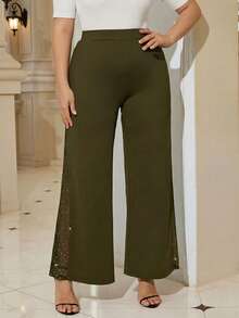 SHEIN Tall CURVE Pantalones acampanados de talla grande de unicolor elegante con parches de malla para uso diario - Verde militar - Ver 6