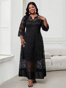 SHEIN Lady Vestido Midi Elegante com Decote em V e Manga 3/4 em Renda para Mulheres Plus Size - Preto - Visão 6