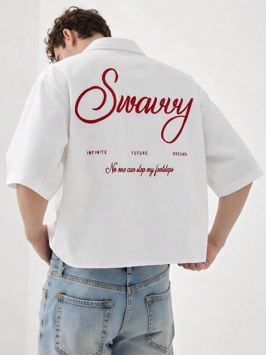 Manfinity Unisex Men's Short Sleeve Front Button Letter Print Casual Shirt, Summer - White - View 1
