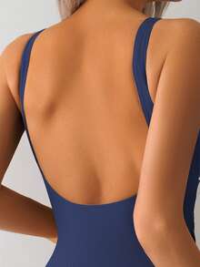 SHEIN Swim Lushore 女士休闲褶皱露背连体泳衣，适合运动和海滩穿着 - 藏蓝色 - 查看 6