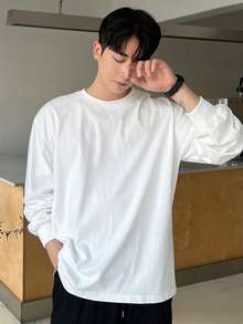 DAZY Áo thun nam dài tay cotton trắng thả vai, quần áo mùa thu - trắng - Xem 6