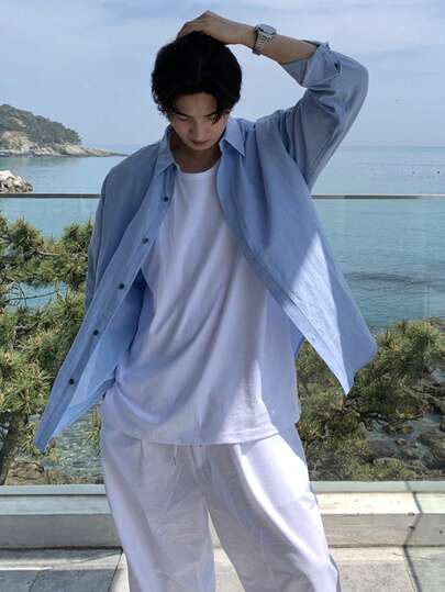 DAZY 男士纯蓝色长袖休闲衬衫，春夏款