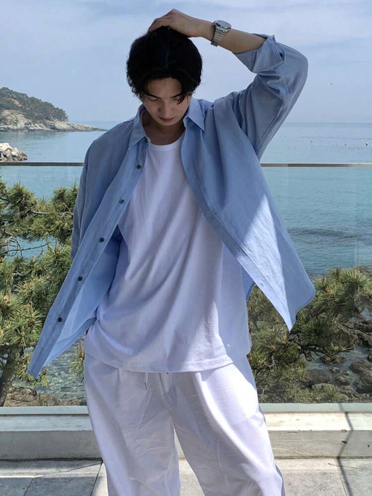 Men's Solid Blue Long Sleeve Casual Shirt, Spring Summer