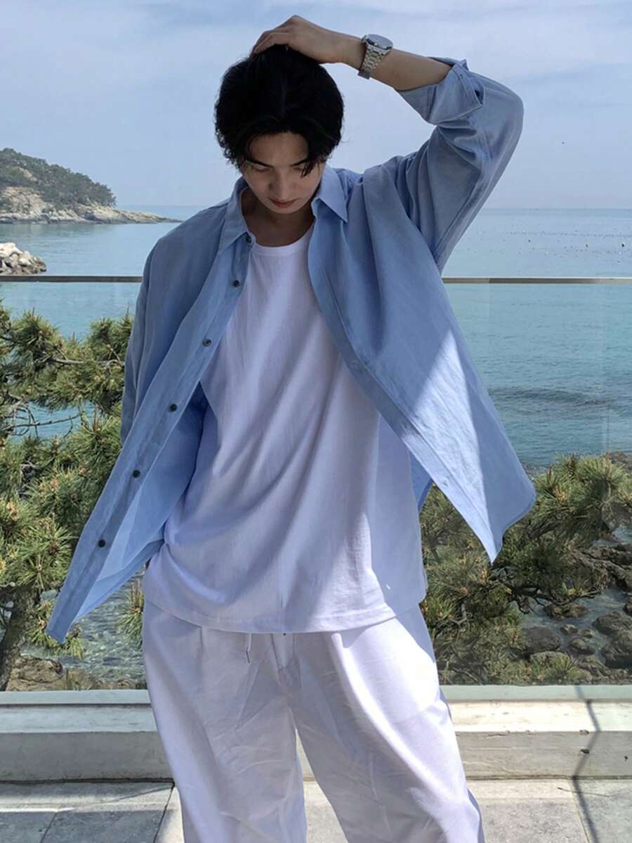 DAZY 男士纯蓝色长袖休闲衬衫，春夏款 - 藍色 - 查看 1