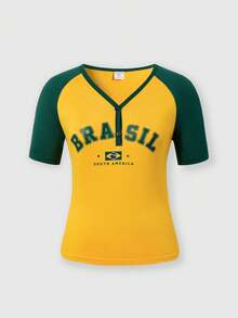 SHEIN Áo thun ngắn tay in chữ dành cho nữ tuổi teen, kiểu dáng thường ngày, đa năng, thích hợp mặc hàng ngày. - Màu vàng - Xem 3