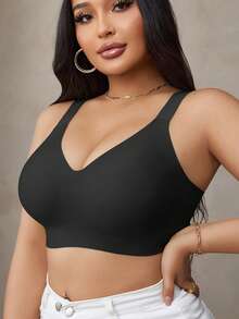 SHEIN Sutiã Plus Size Sem Costura Para Mulheres Com Tiras De Gel E Suporte Macio, Sutiã Lift Up Sem Fio - Preto - Ver 6