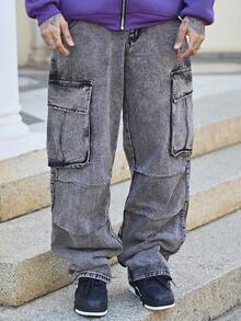 Devon Thys 宽松男式翻盖口袋和侧面板工装牛仔裤（不含腰带） - 灰色 - 查看 5