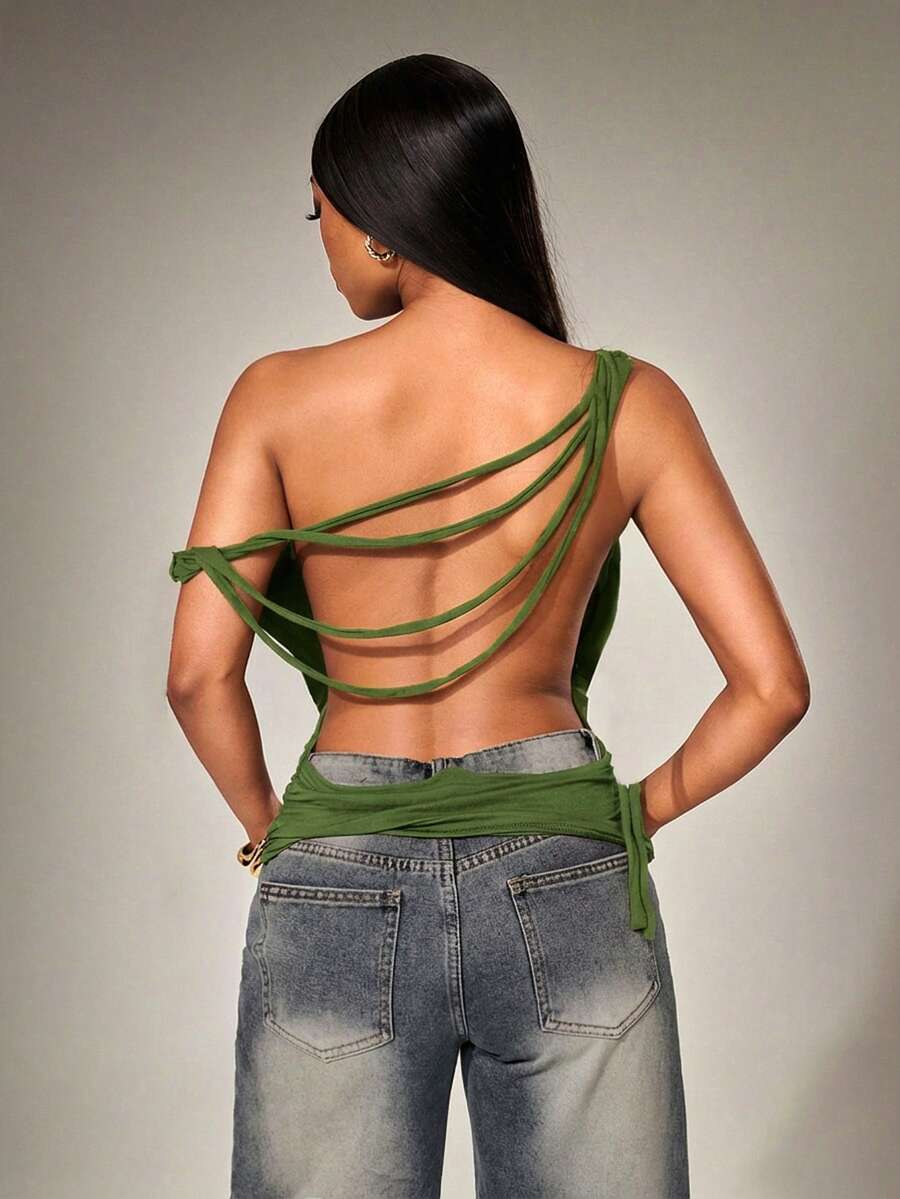 Radiana Women's Army Green Summer Bandage Night Club Top,Asymmetrical One-Shoulder Backless Ripped,Vintage Distressed Numeric Print American Street Style Top - Army Green - View 1