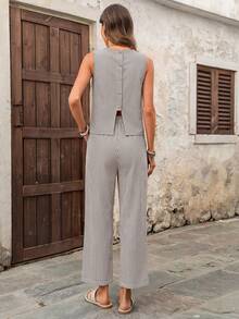 EMERY ROSE 女士圆领无袖条纹休闲两件套，夏季 - 棕色 - 查看 2